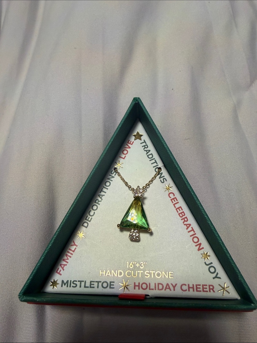 Green Crystal Christmas Tree Pendant Necklace NIB
FREE SHIPPING